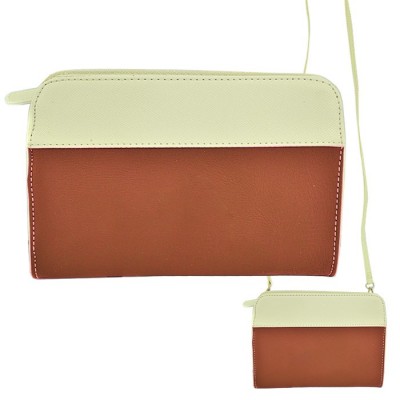 9015- BROWN/WH PU LEATHER CROSS BODY/ SHOULDER BAG